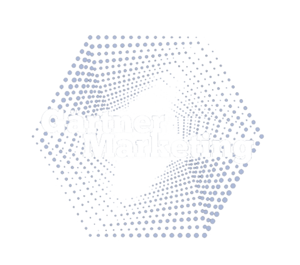 Gartner Marketing Logo auf grünem Hintergrund, weißer Text „Gartner Marketing“ in einem sechseckigen Punktmuster.